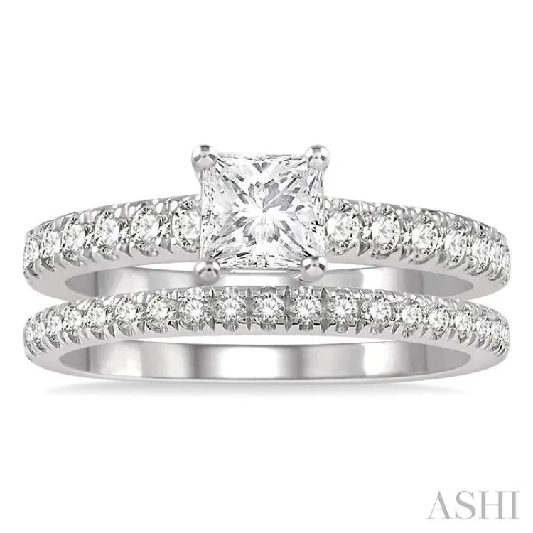 1 5/8 Ctw Diamond Wedding Set With  5/8 ct Princess Cut Engagement Ring and 1/2 ct Wedding Band in 14K White Gold