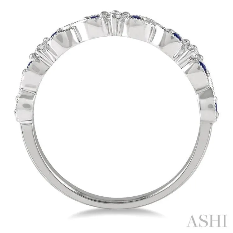 1/10 Ctw Round Cut Diamond and 1.35mm Sapphire Precious Wedding Band in 14K White Gold