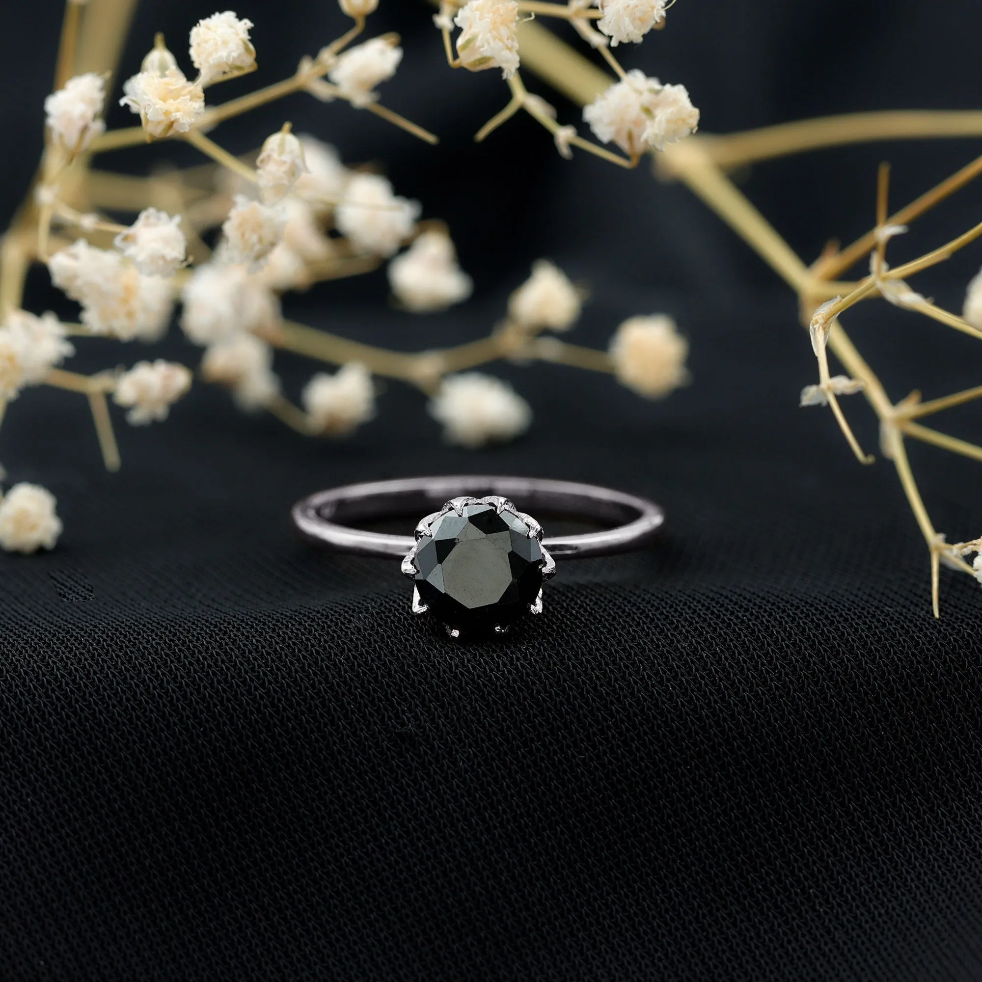 1.25 CT Real Black Onyx Solitaire Ring in Lotus Basket Setting