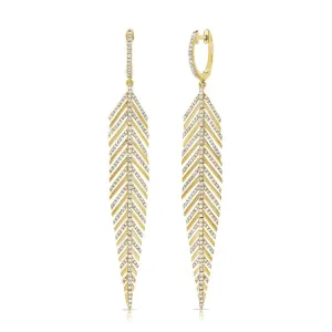 14k Gold & Diamond Feather Dangle Earrings - 0.98ct