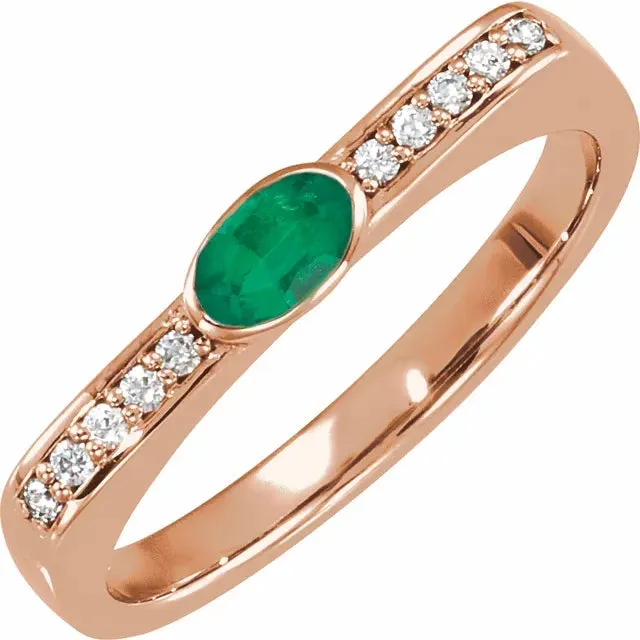 14K Gold Oval Emerald and Diamond Accented Ring