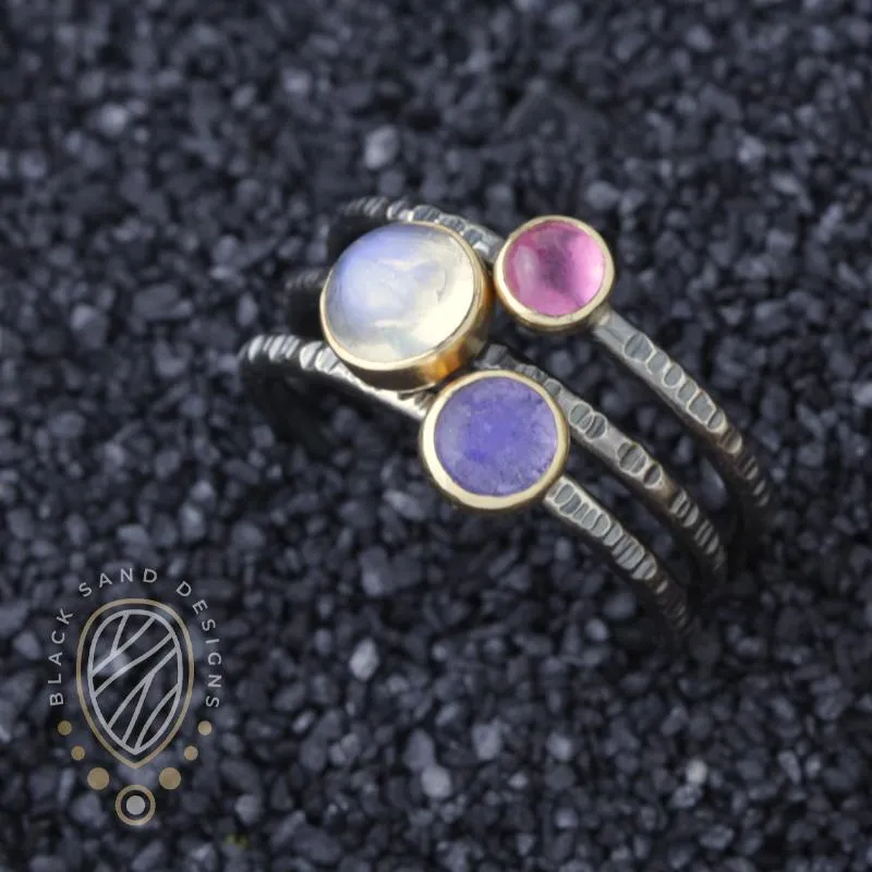 14k Gold Silver and Pink Tourmaline Stacking Ring