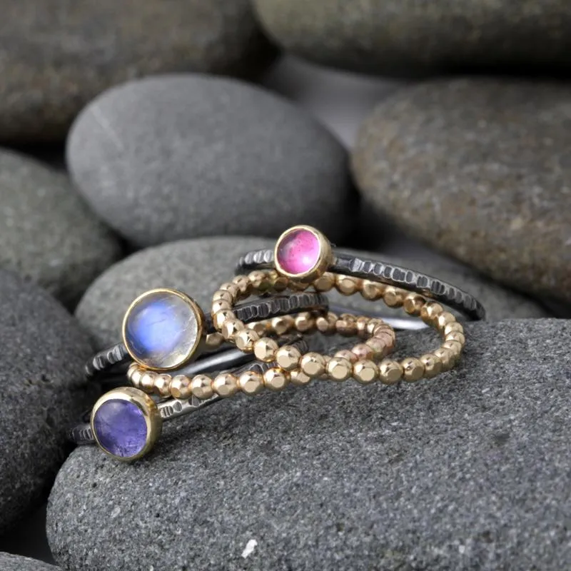 14k Gold Silver and Pink Tourmaline Stacking Ring