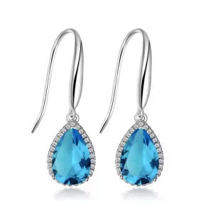 14k White Gold Plated 1 Ct Created Blue Topaz Teardrop Earrings