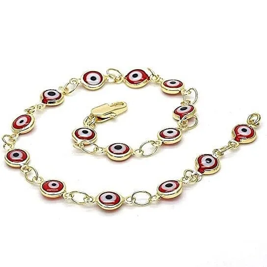 18k Women's Gold Filled High Polish Finsh Red Evil Eye Clasp Bracelet 7.5 Inch