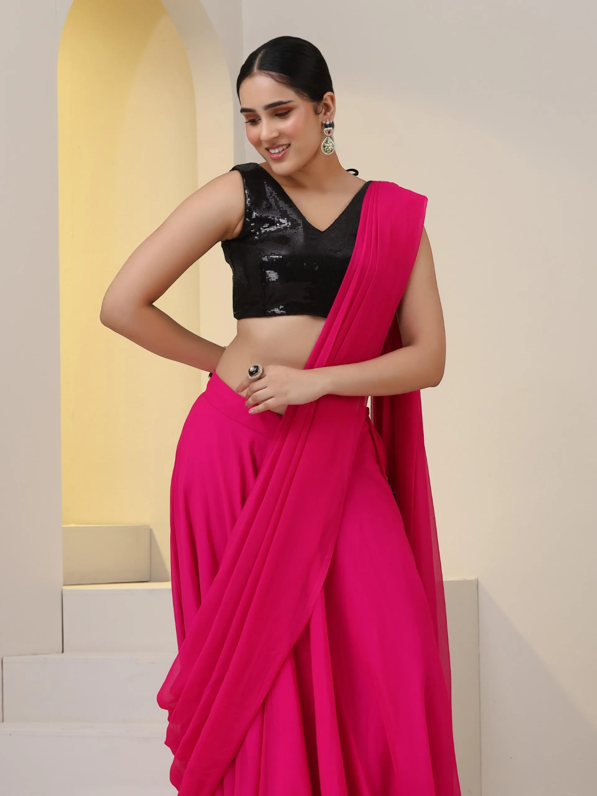 2 pc SET - Fuschia Georgette Sharara with Pallu and Black Sequin Blouse