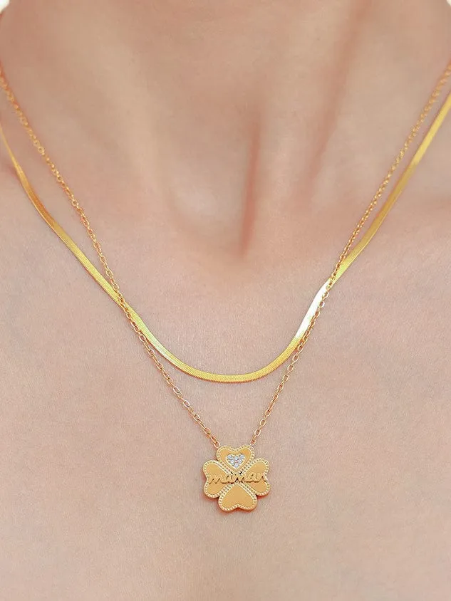 2 Piece 18K Gold-Plated Inlaid Zircon Lucky Clover Necklace