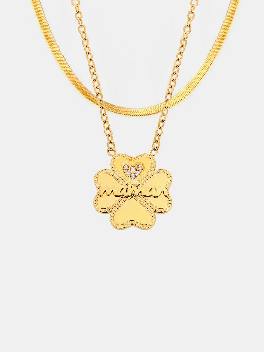 2 Piece 18K Gold-Plated Inlaid Zircon Lucky Clover Necklace