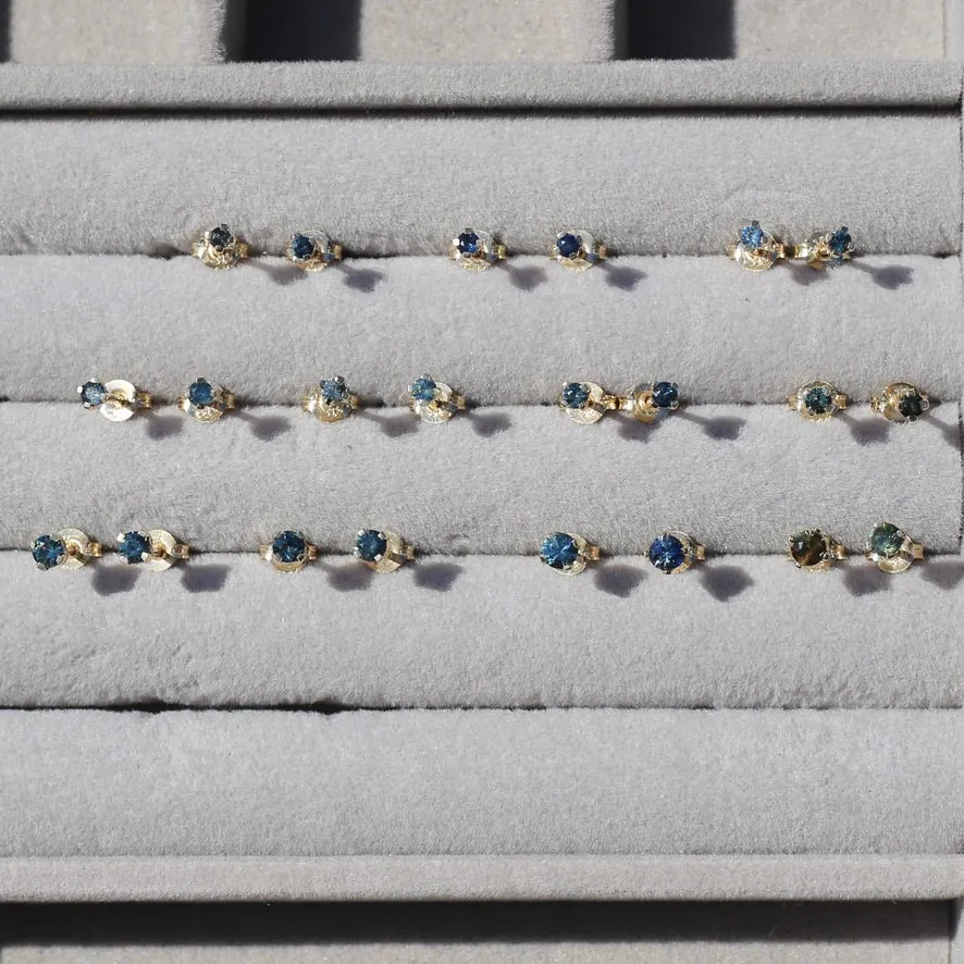 2.4mm Parti Stud Earrings, Icy & Teal Blue, 4 claw 9ct Yellow Gold