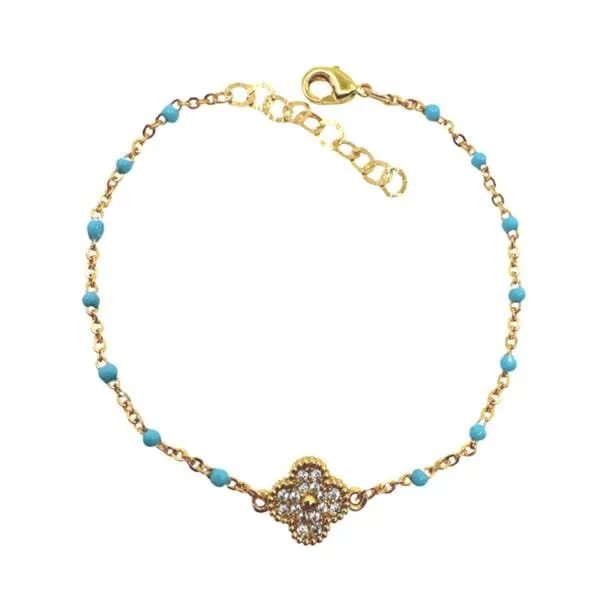 2mm Enamel Gold Fill Chain With CZ Clover Bracelet: Turquoise (BG7845TQ)