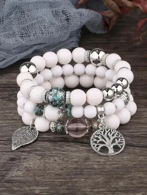 3pcs Leaf & Tree Charm Beaded Bracelet