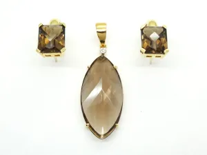 9ct tw Fantasy Cut Smoky Topaz Pendant Earrings Suite Set 10k Gold