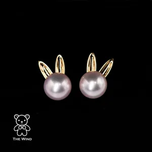 Adorable Rabbit Ears Akoya Pearl Stud Earrings 18K Yellow Gold