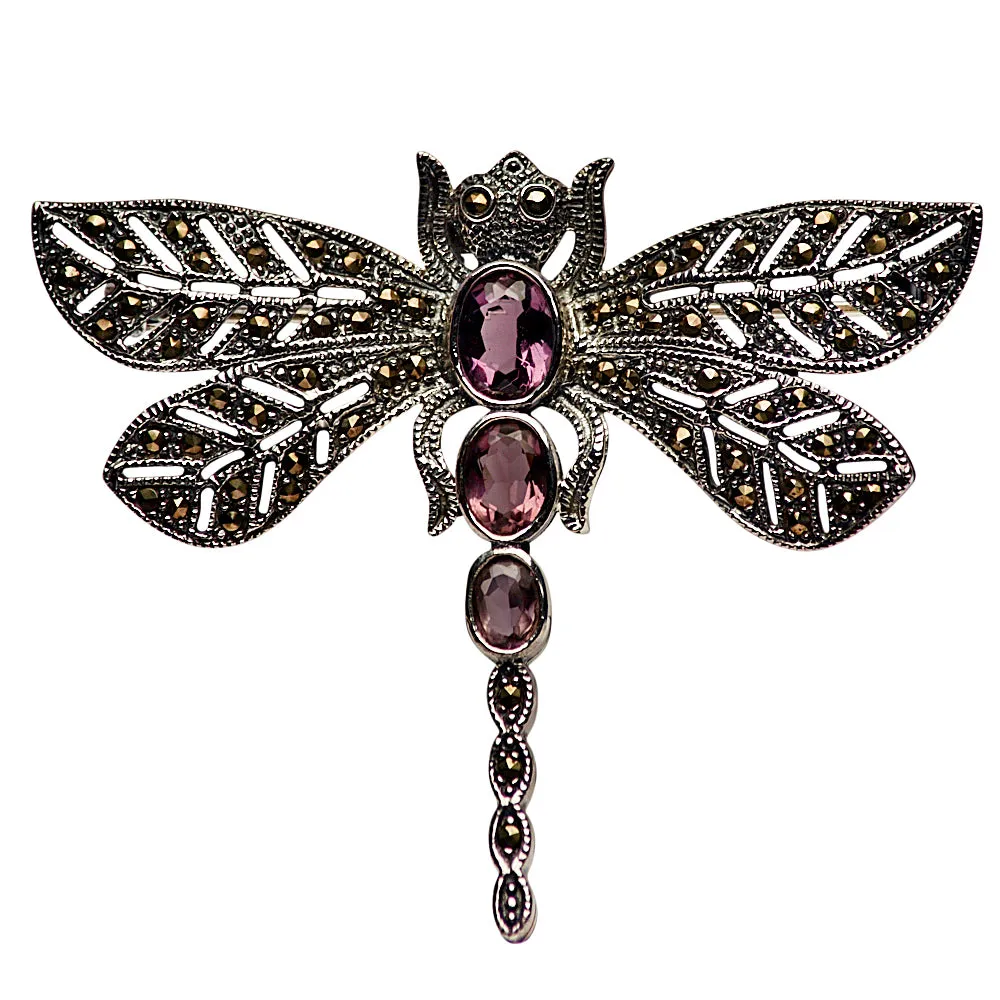 Amethyst Dragonfly Silver Brooch