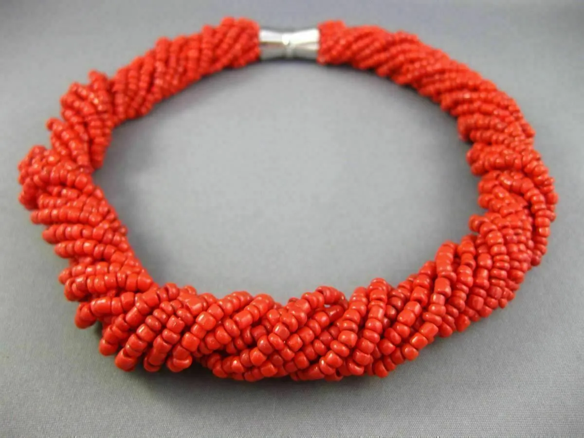 ANTIQUE AAA CORAL STAINLESS STEEL 3D MULTI STRAND BEADED BOW NECKLACE #25872