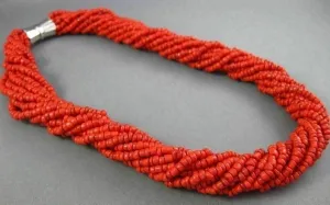 ANTIQUE AAA CORAL STAINLESS STEEL 3D MULTI STRAND BEADED BOW NECKLACE #25872