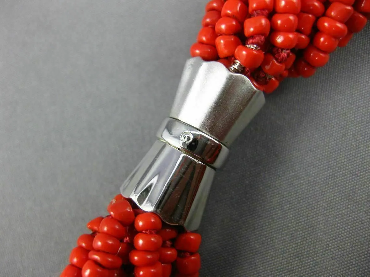 ANTIQUE AAA CORAL STAINLESS STEEL 3D MULTI STRAND BEADED BOW NECKLACE #25872