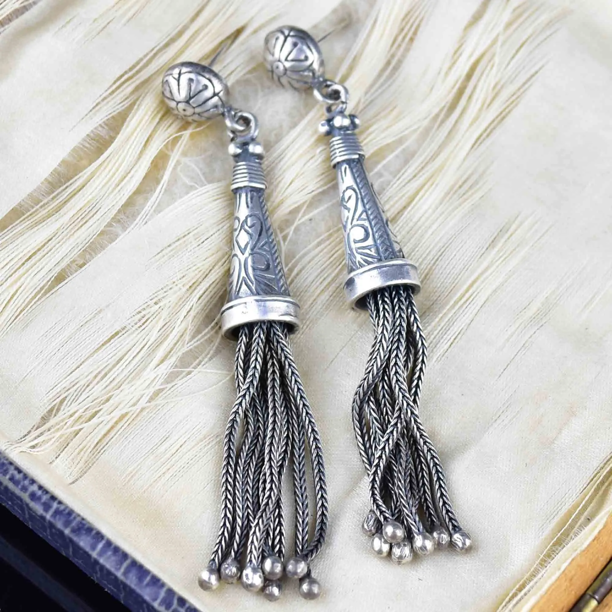 Antique Albertina Silver Tassel Fob Stud Drop Earrings