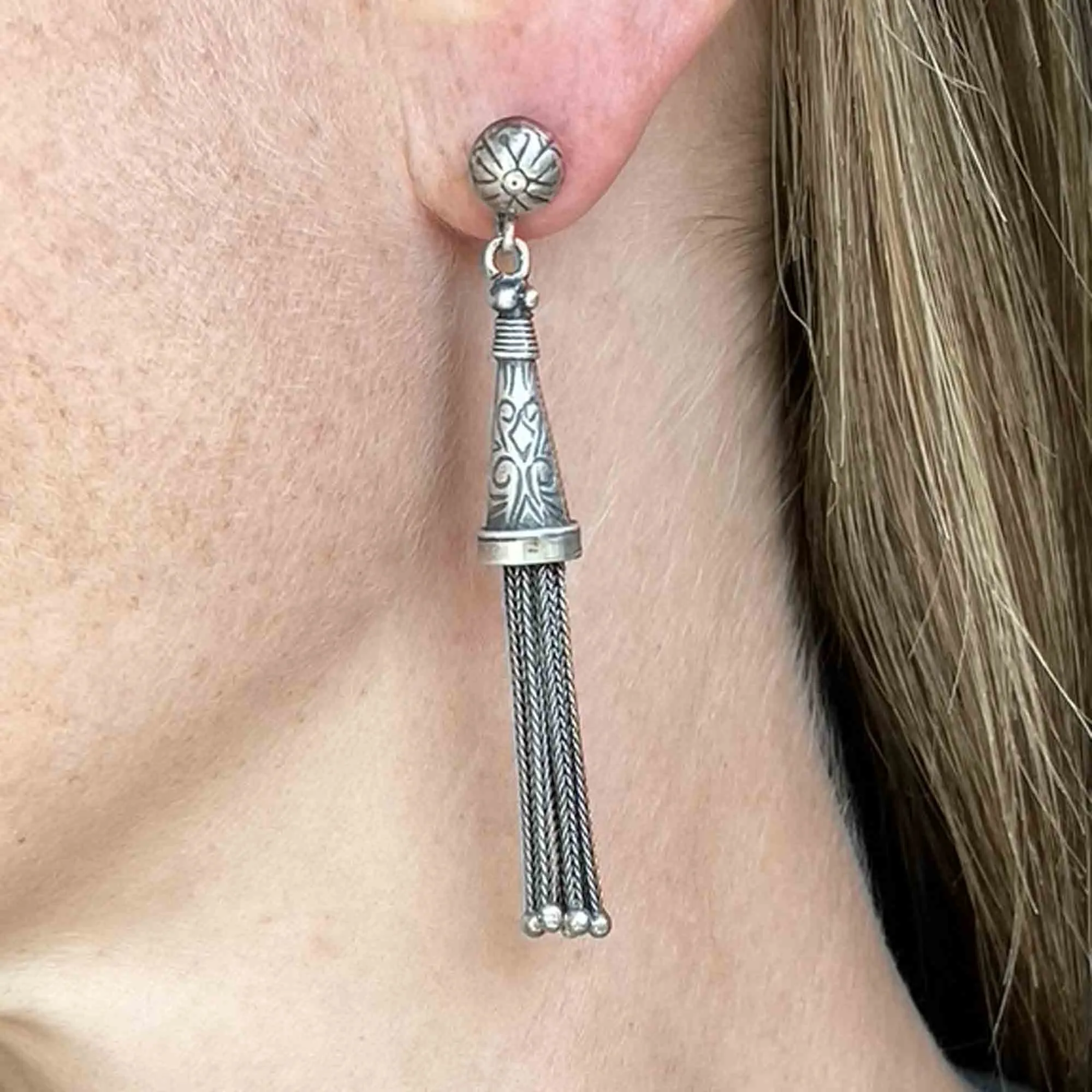 Antique Albertina Silver Tassel Fob Stud Drop Earrings