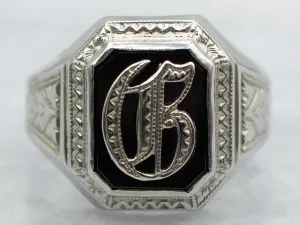 Antique Black Onyx "C" in Old English Signet Ring