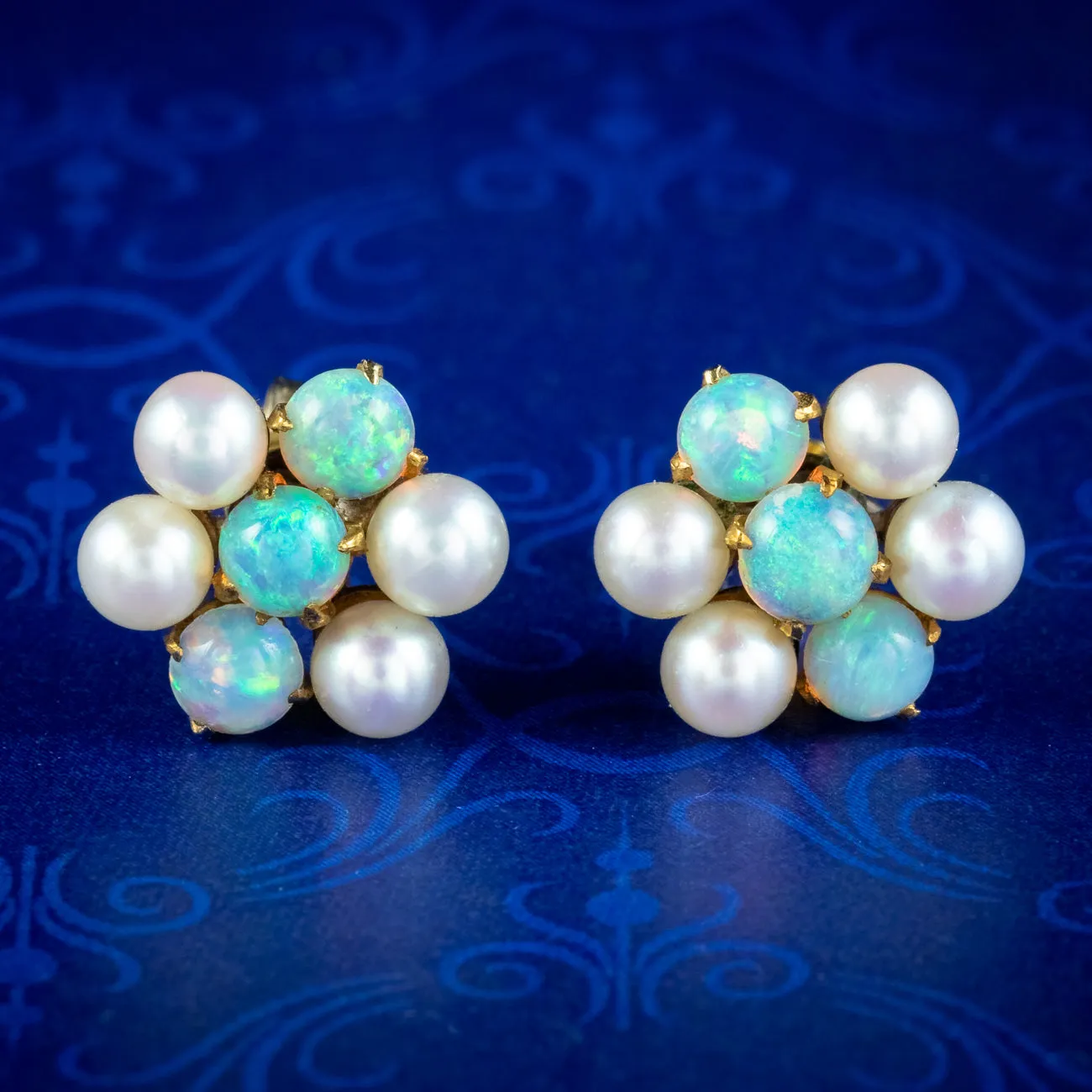 Antique Edwardian Opal Pearl Cluster Stud Earrings 9ct Gold