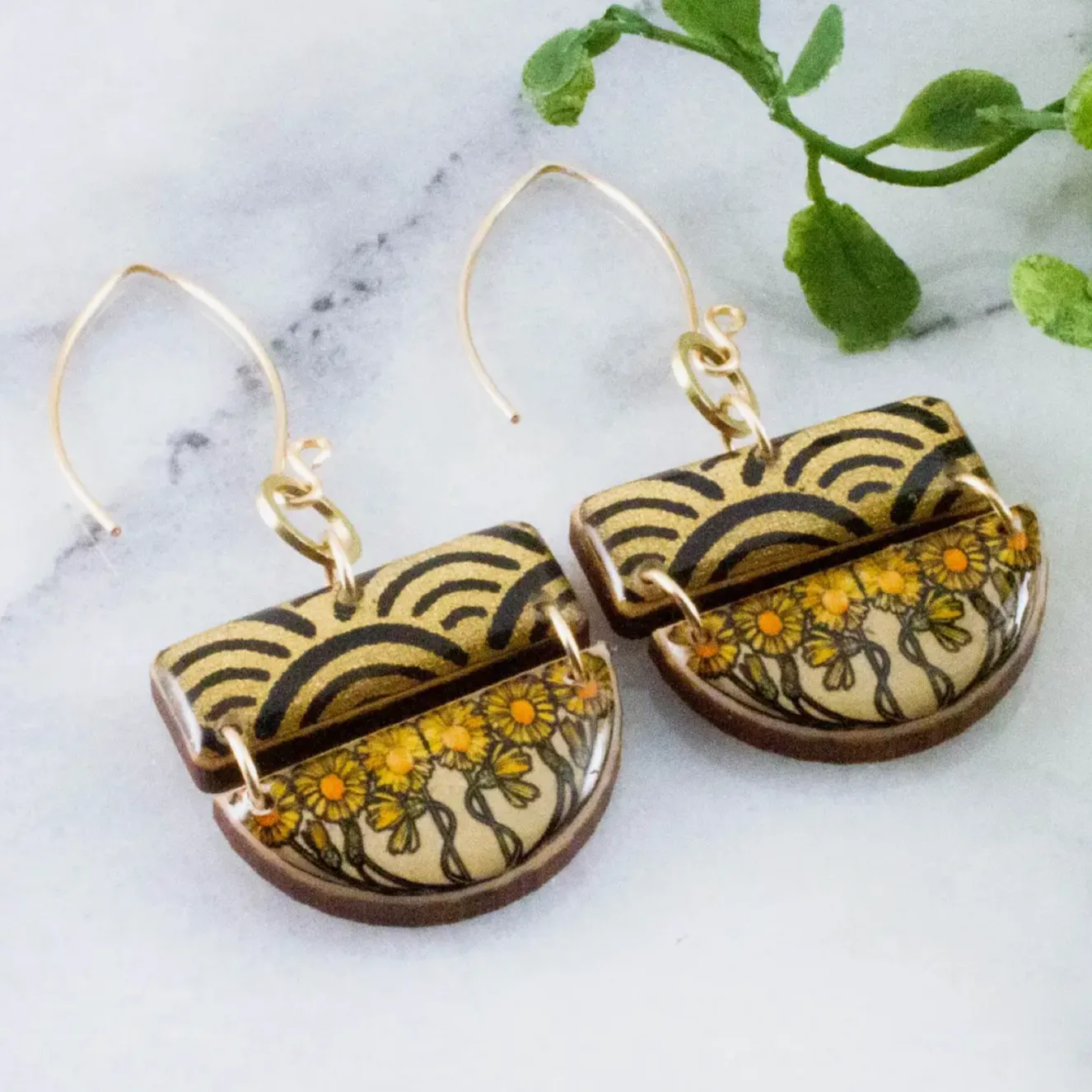 Art Nouveau Sunflower Stacked Half Circle Earrings