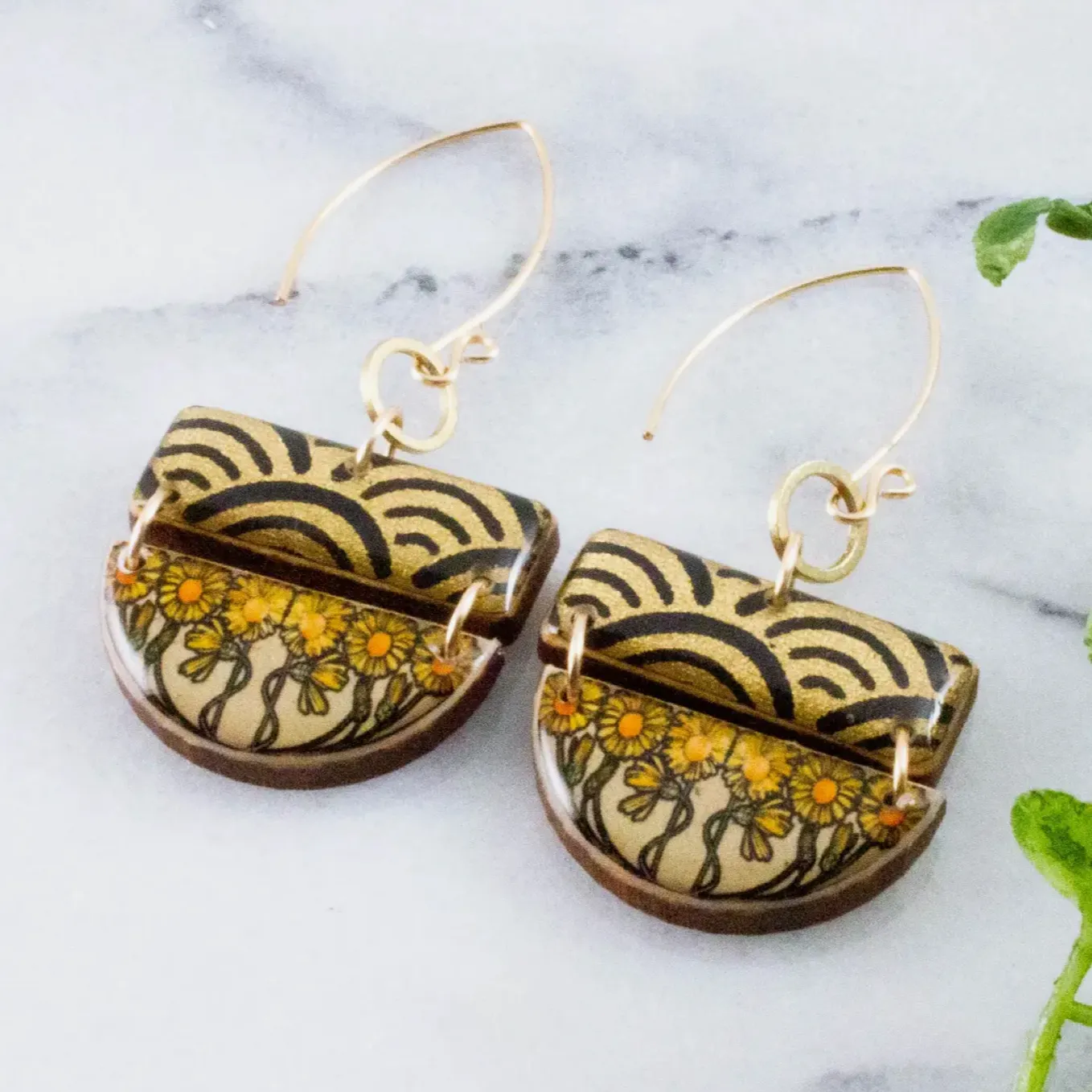 Art Nouveau Sunflower Stacked Half Circle Earrings