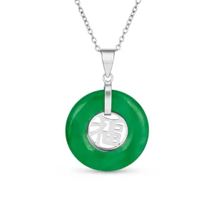 Asian Style Green Jade Disc Pendant Necklace 14K Gold Plated Silver Fu Symbol