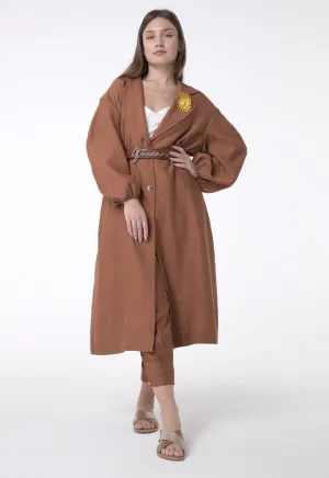 BERRIN Embellished Lapel Long Belted Coat CAMEL