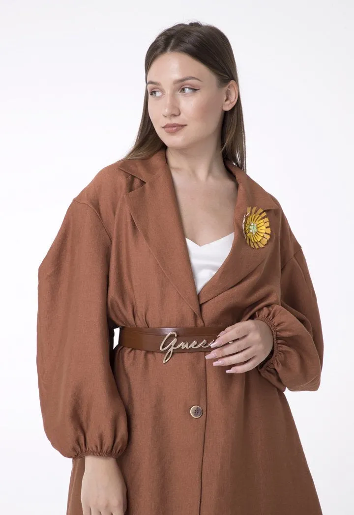 BERRIN Embellished Lapel Long Belted Coat CAMEL