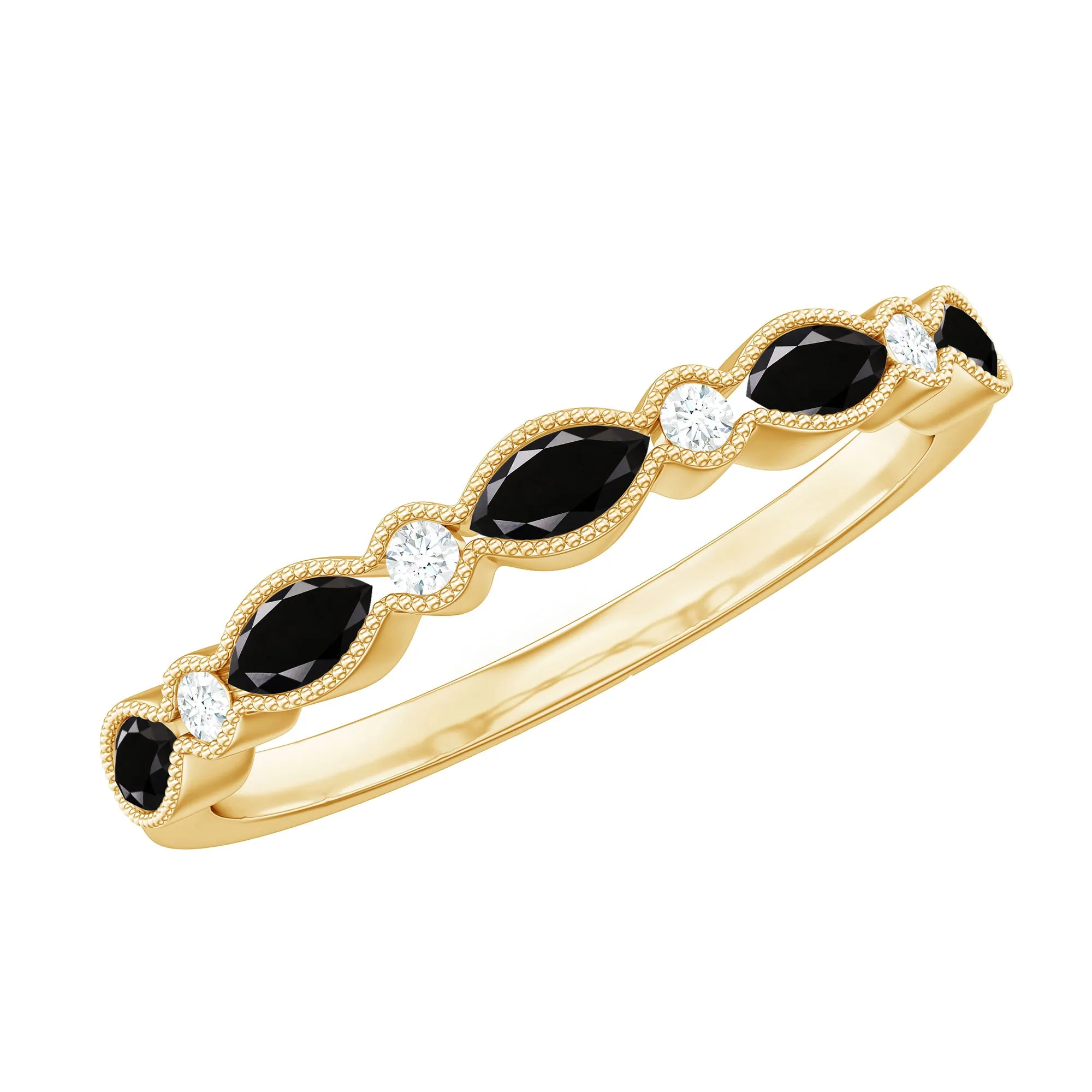 Black Onyx Half Eternity Ring with Moissanite in Beaded Bezel Setting