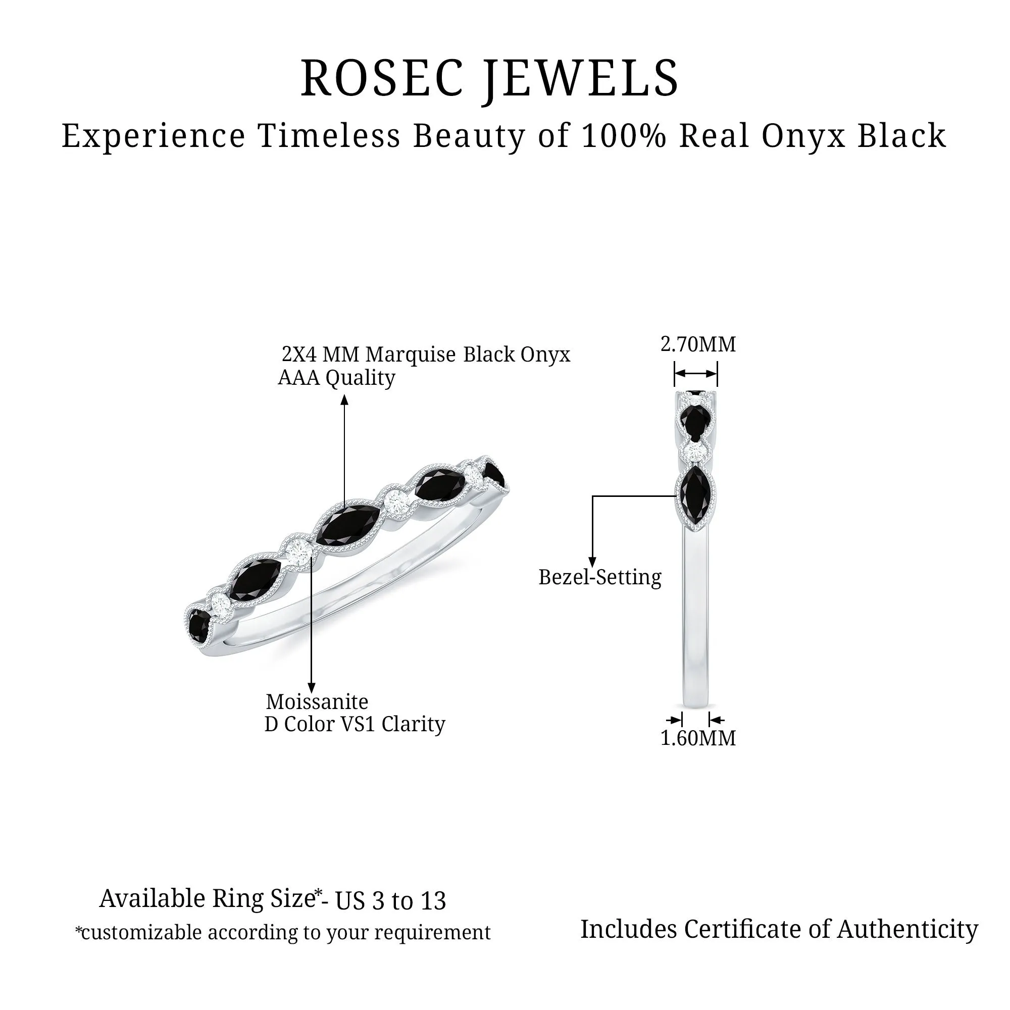 Black Onyx Half Eternity Ring with Moissanite in Beaded Bezel Setting