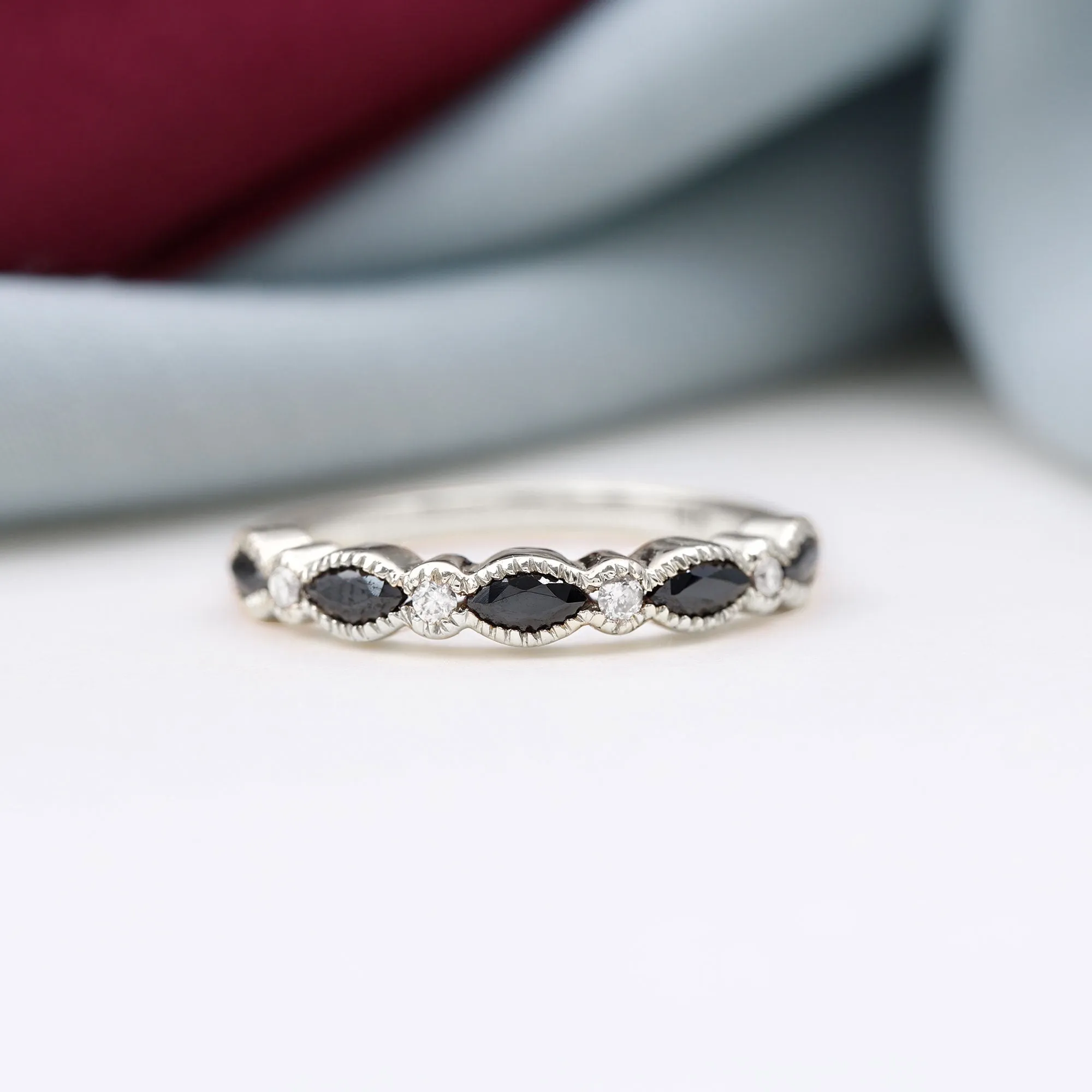 Black Onyx Half Eternity Ring with Moissanite in Beaded Bezel Setting