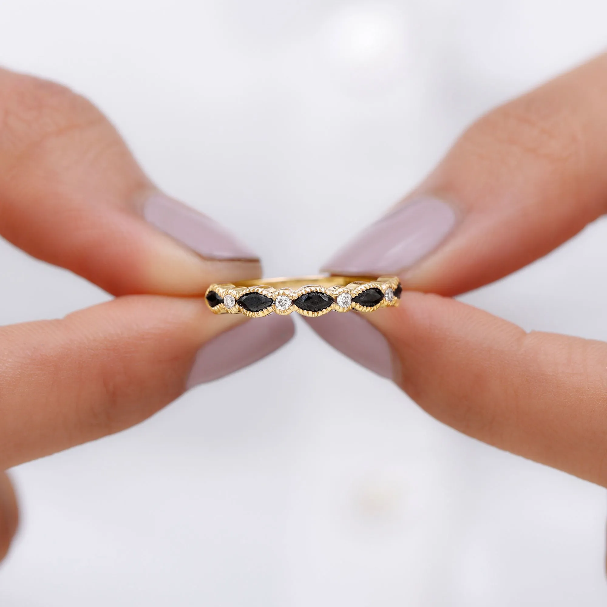 Black Onyx Half Eternity Ring with Moissanite in Beaded Bezel Setting