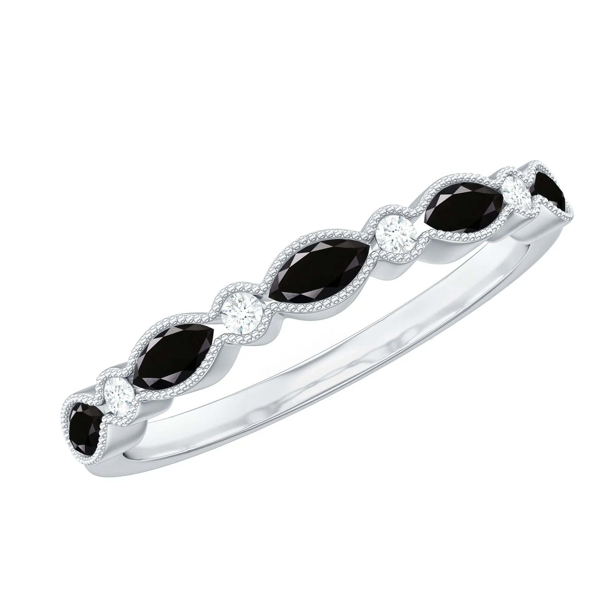 Black Onyx Half Eternity Ring with Moissanite in Beaded Bezel Setting