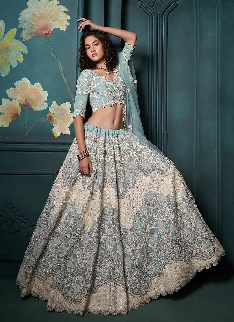 Blue And Ivory Lucknowi Embroidery Festive Lehenga Choli