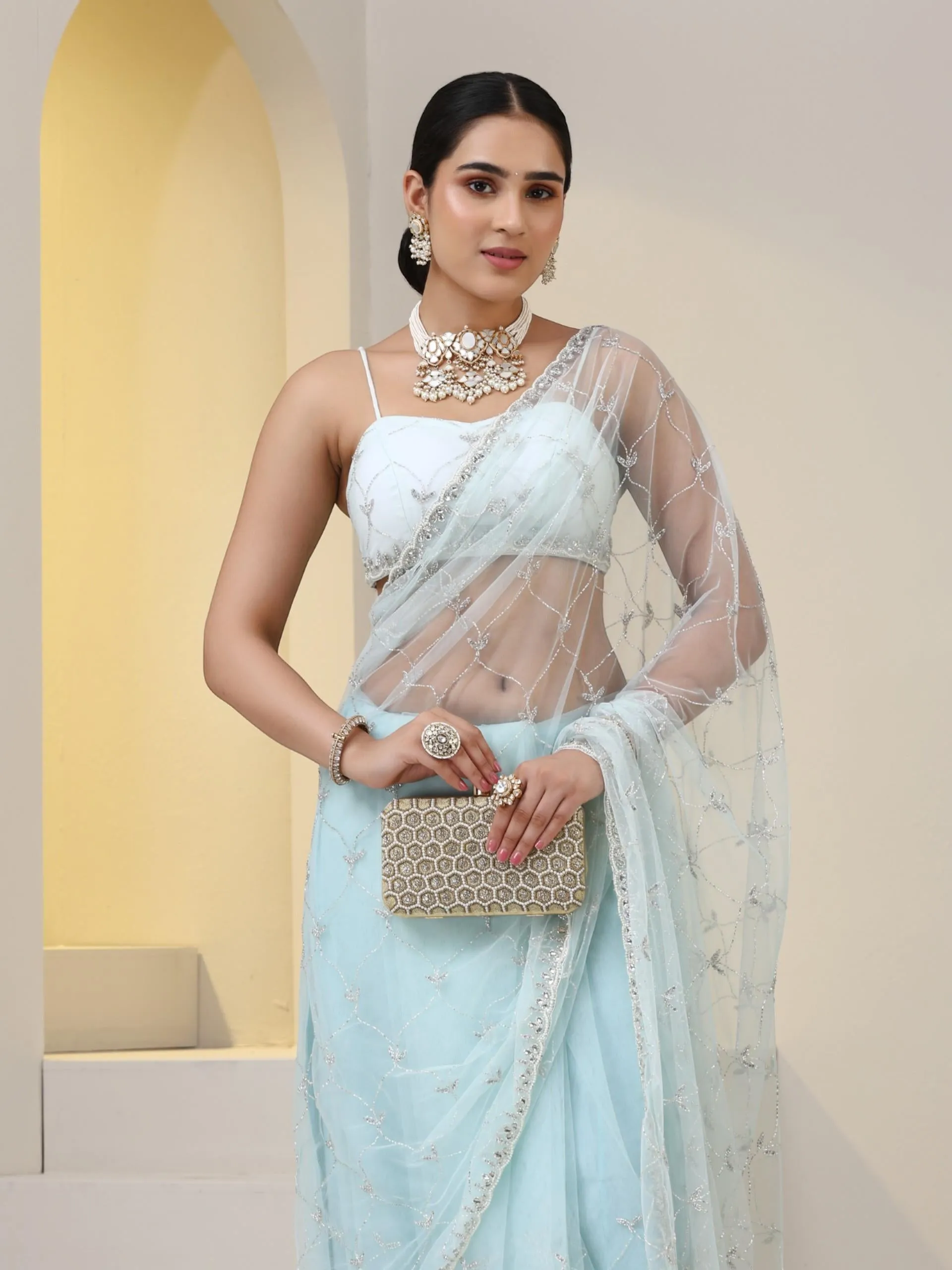 Blue Stone Net Cut Dana Embroidery Saree with Blouse Fabric