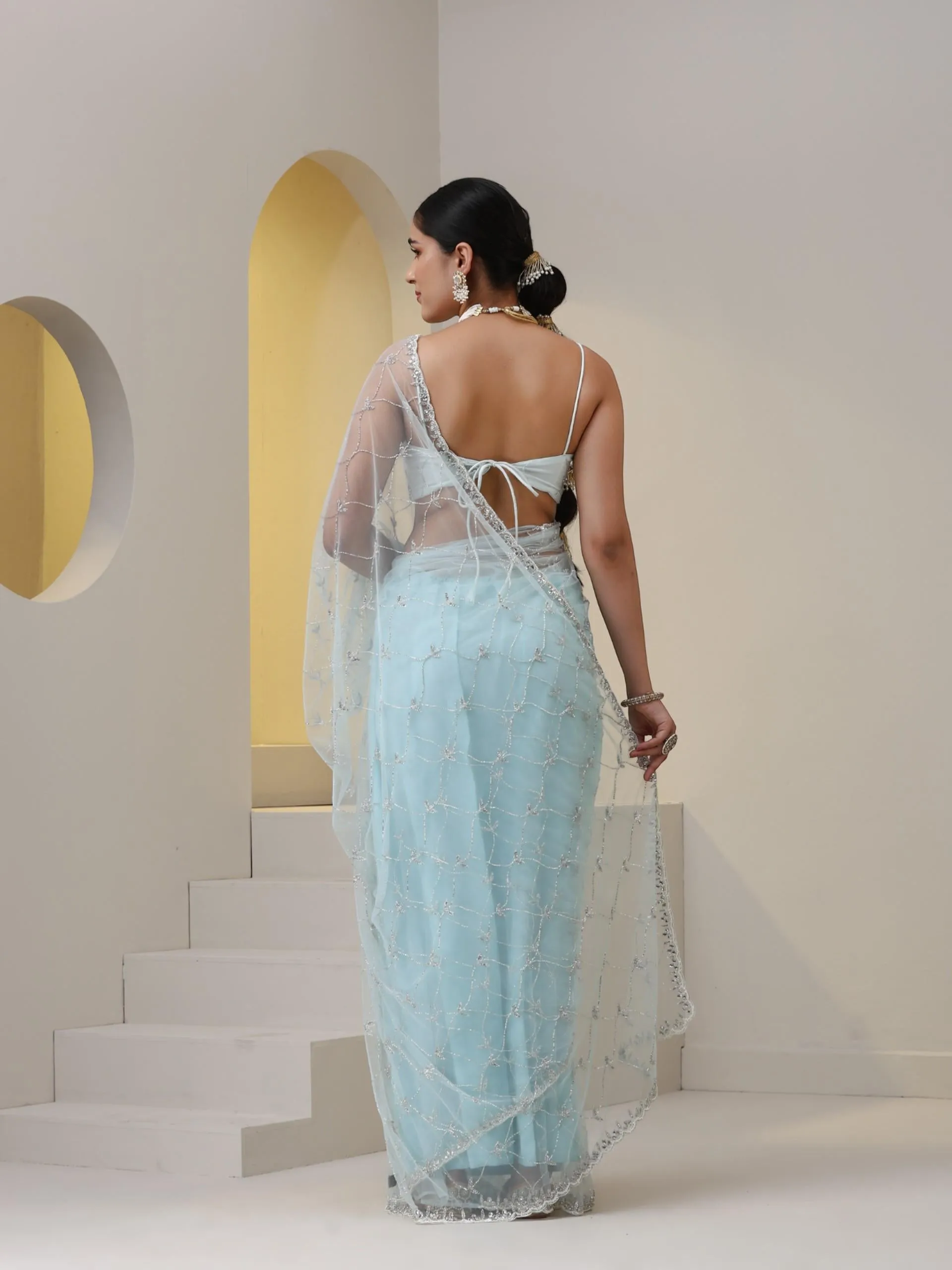 Blue Stone Net Cut Dana Embroidery Saree with Blouse Fabric