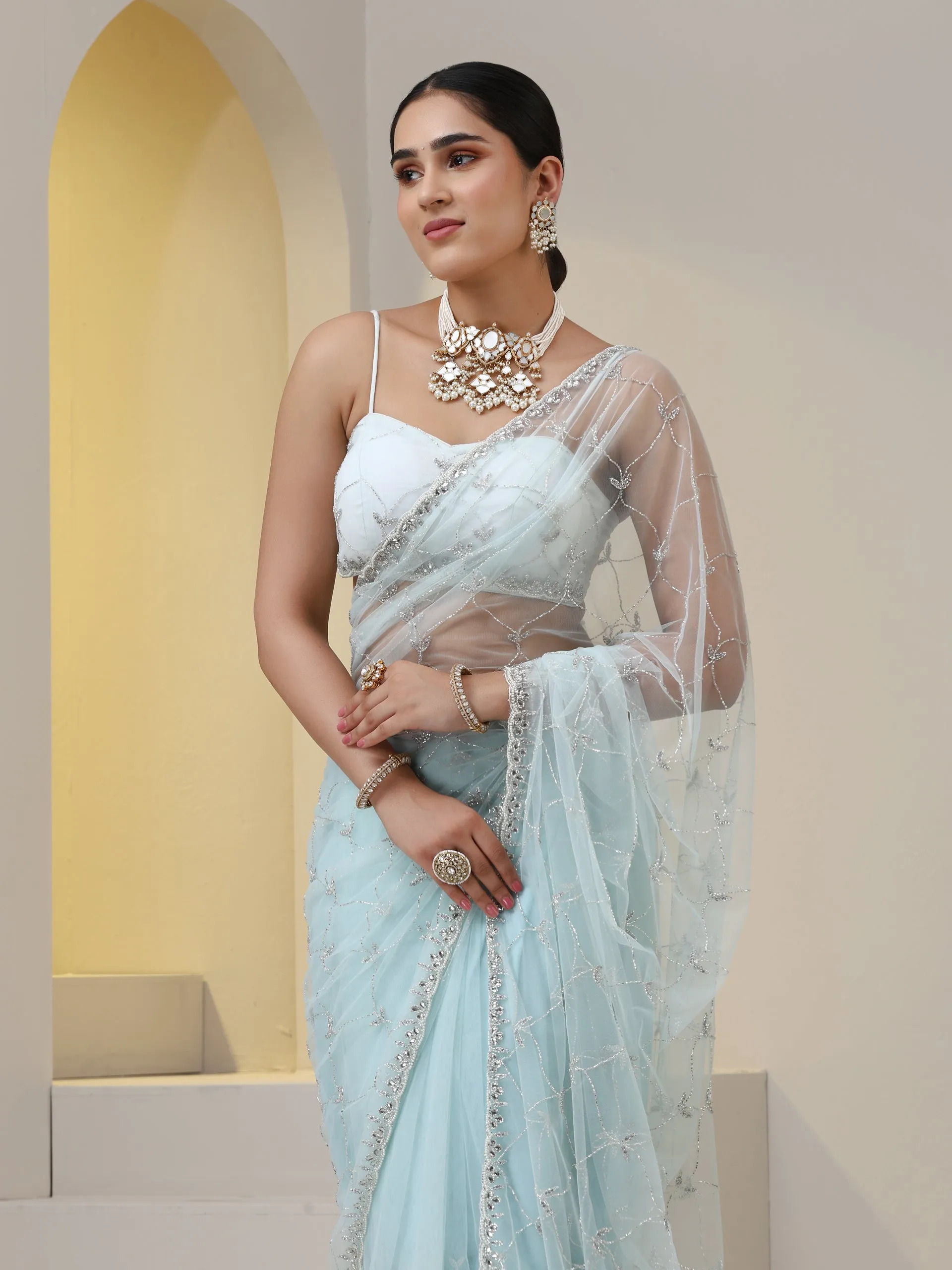 Blue Stone Net Cut Dana Embroidery Saree with Blouse Fabric