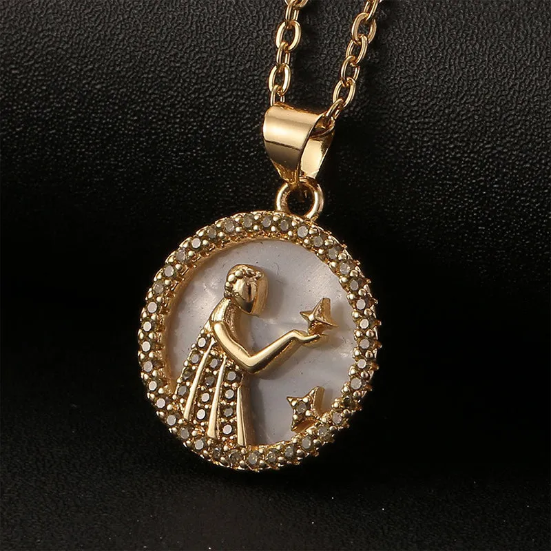 Bronze Stone Zircon Twelve Constellations Fashion Pendant Gift Necklace