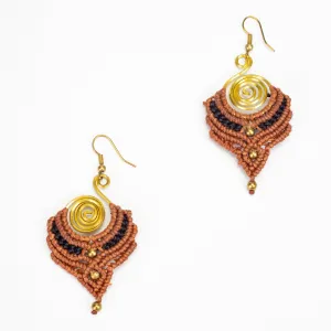 Brown Black Waxed String Spiral Brass Earrings