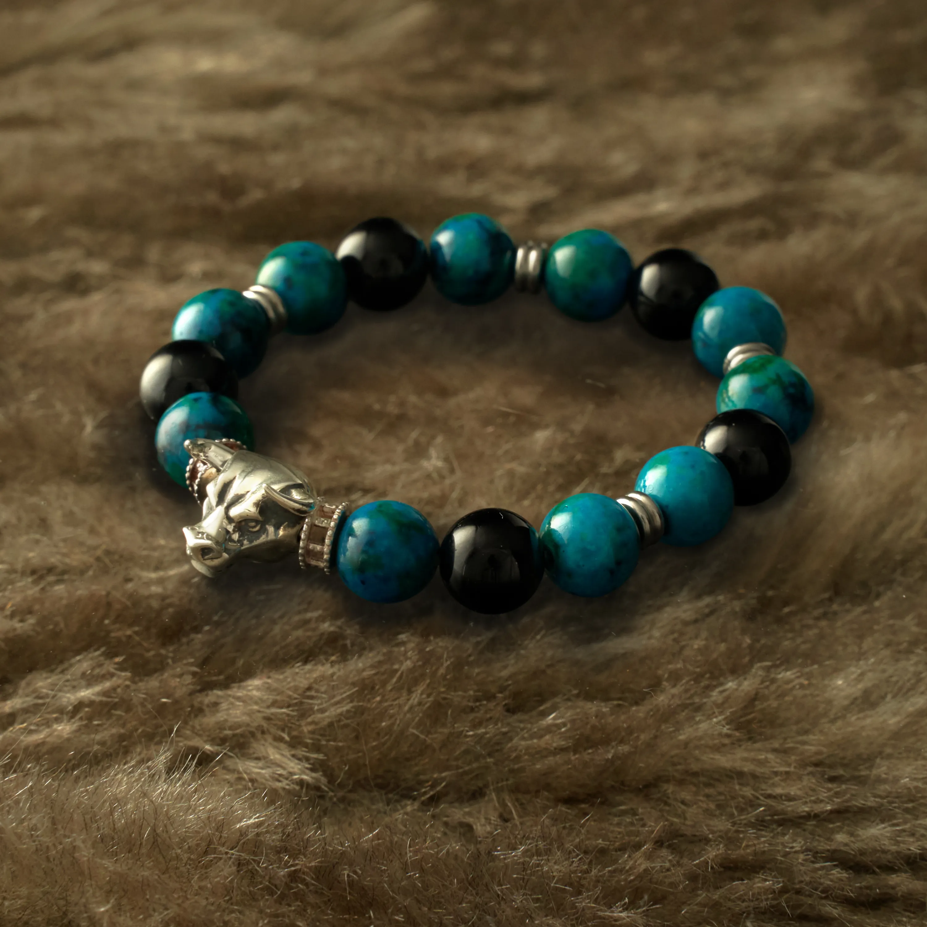 Bull Turquoise Obsidian Stainless Steel Bead Bracelet