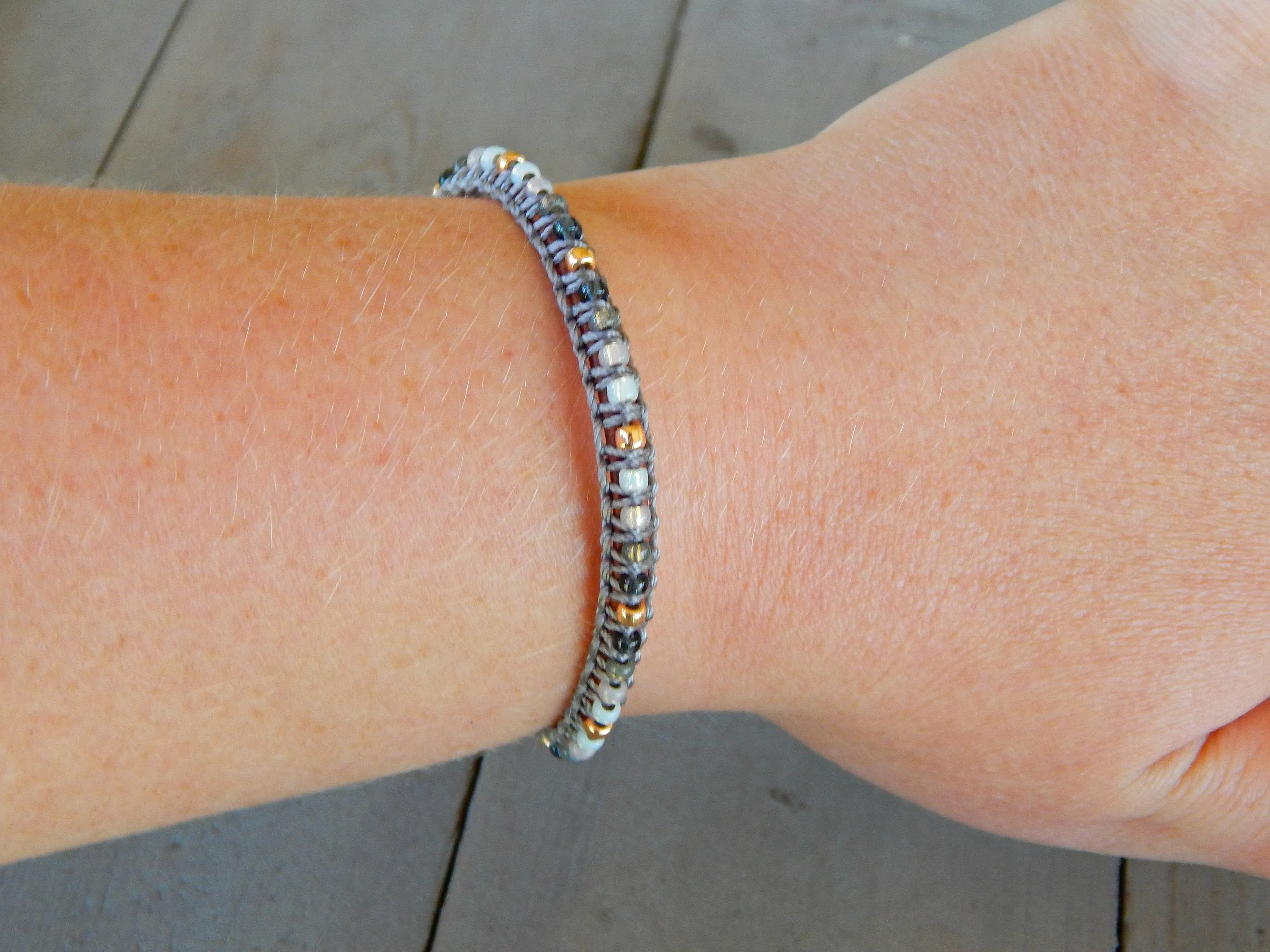 Copper Navy Gray Top Beaded Macrame Woven Leather Stack bracelet