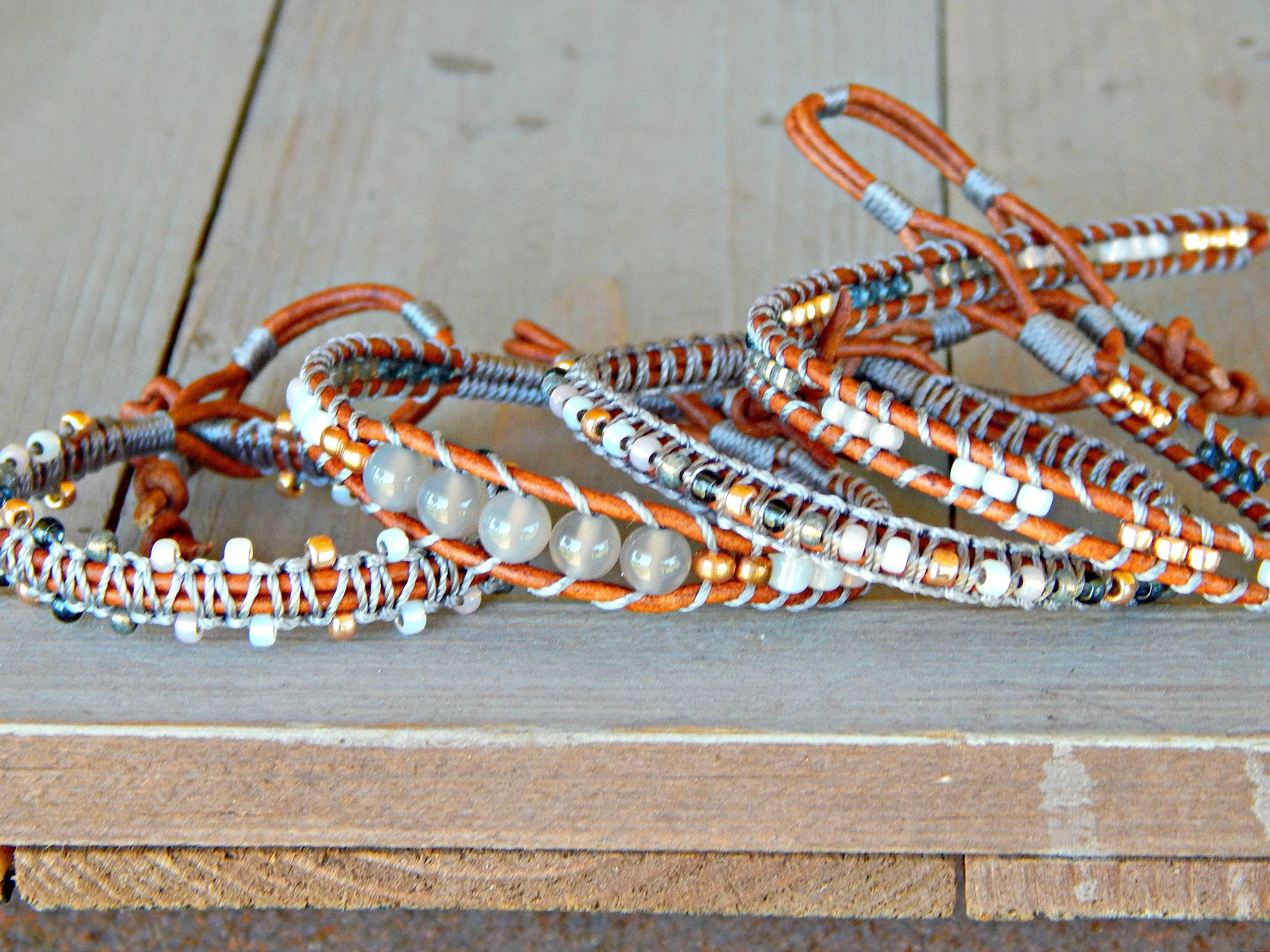 Copper Navy Gray Top Beaded Macrame Woven Leather Stack bracelet