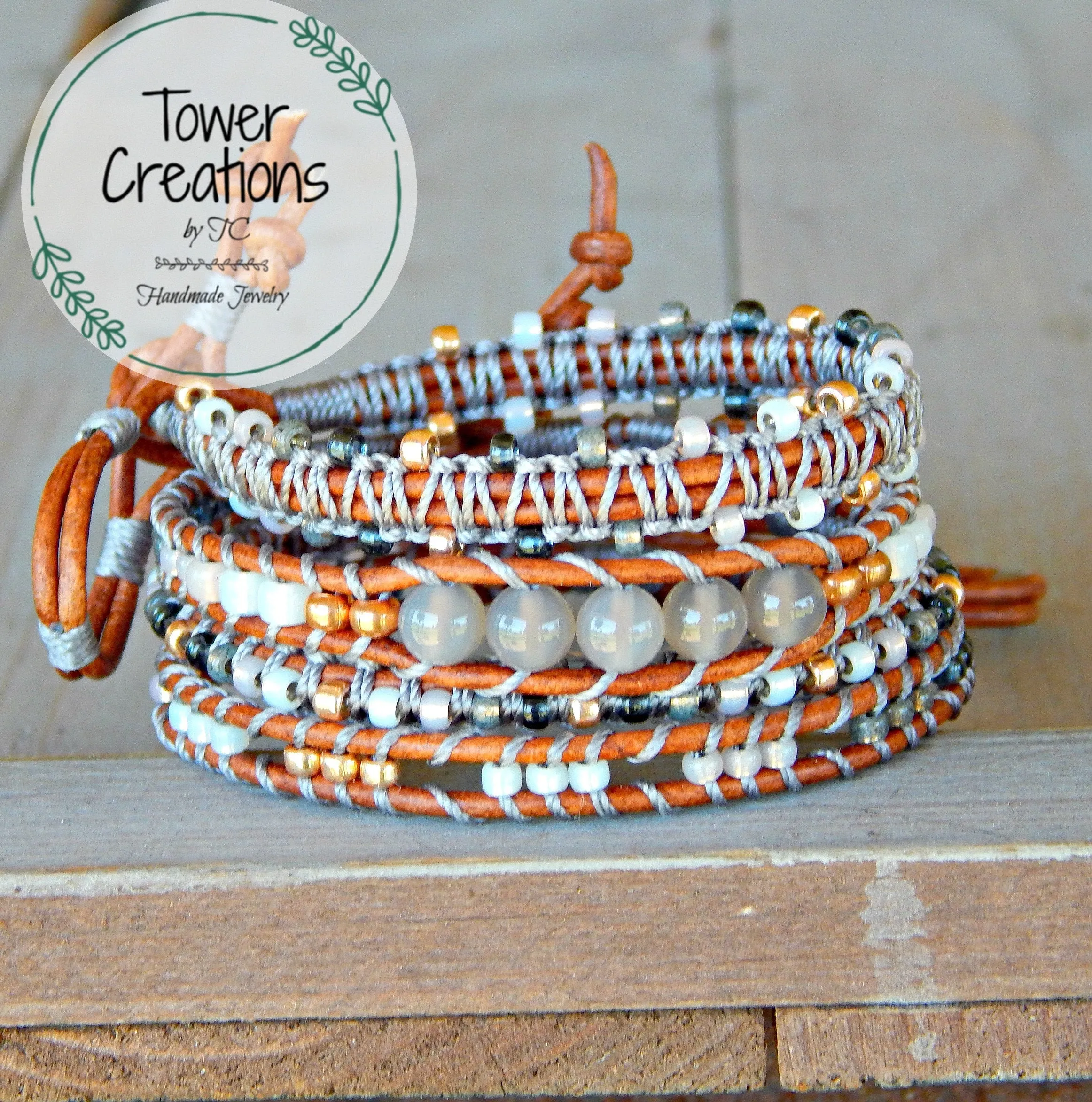 Copper Navy Gray Top Beaded Macrame Woven Leather Stack bracelet