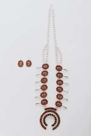 Coral Cluster Squash Blossom Necklace and Earring Set