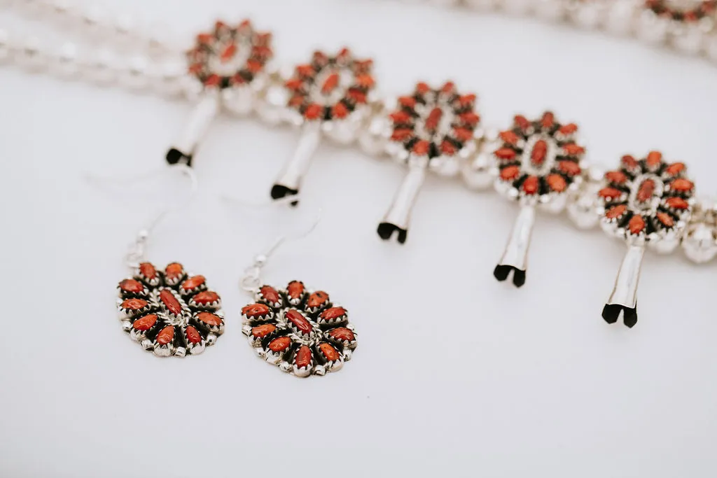 Coral Cluster Squash Blossom Necklace and Earring Set