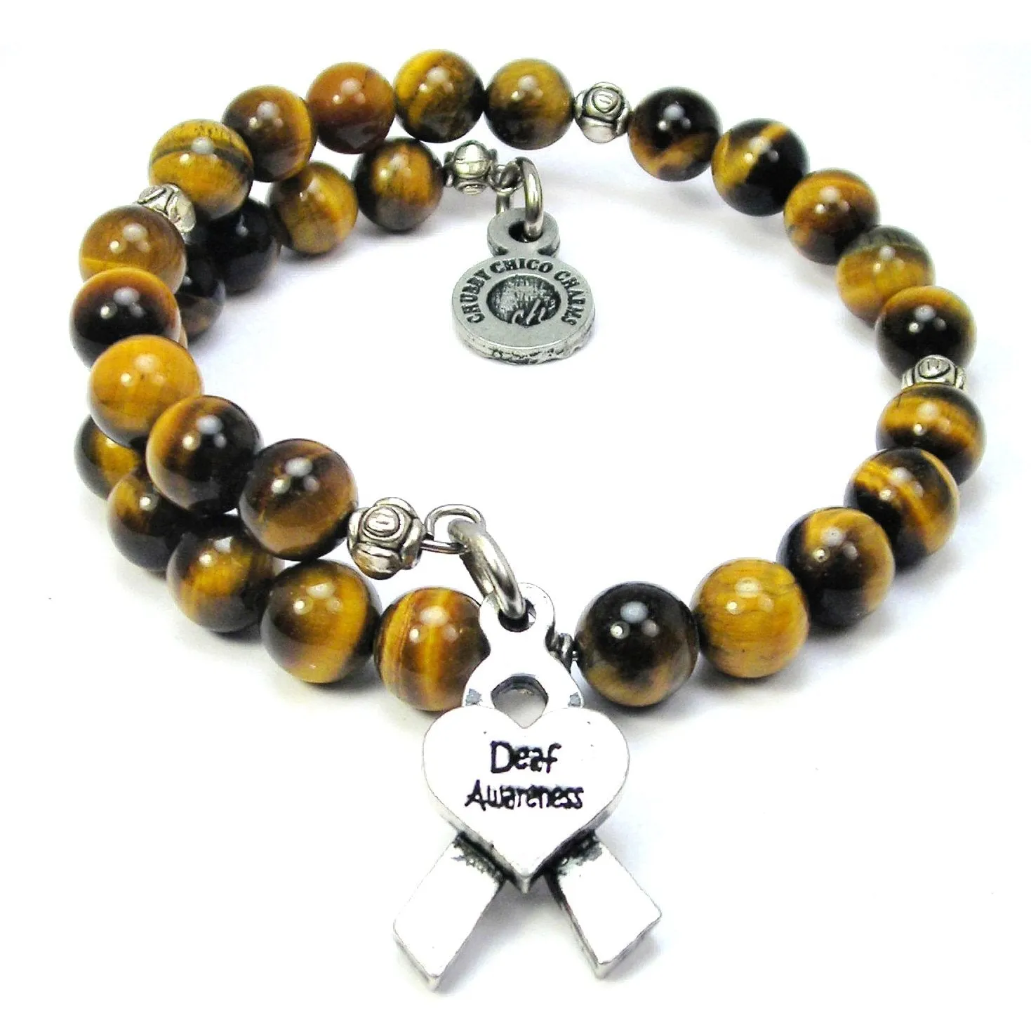 Deaf Awareness Ribbon Tiger's Eye Glass Beaded Wrap Bracelet