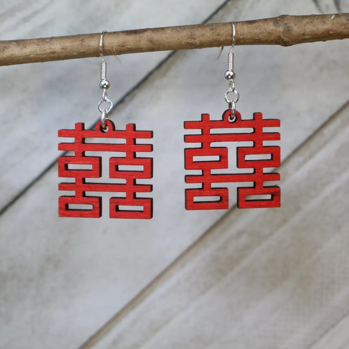 Double Happy Chinese Symbol Wooden Dangle Earrings by Cate's Concepts, LLC