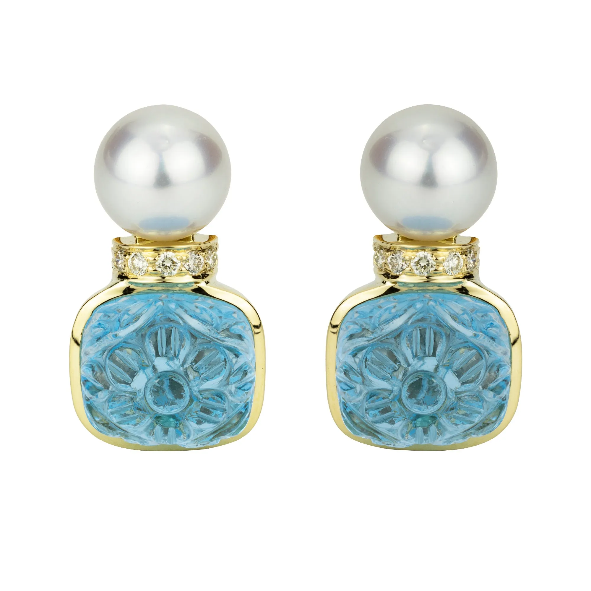 Earrings - Blue Topaz, South Sea Pearl And Diamond